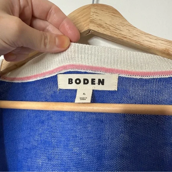 Boden Liv Linen Cardigan in bright blue with white bordering varsity size XL - Picture 6 of 12